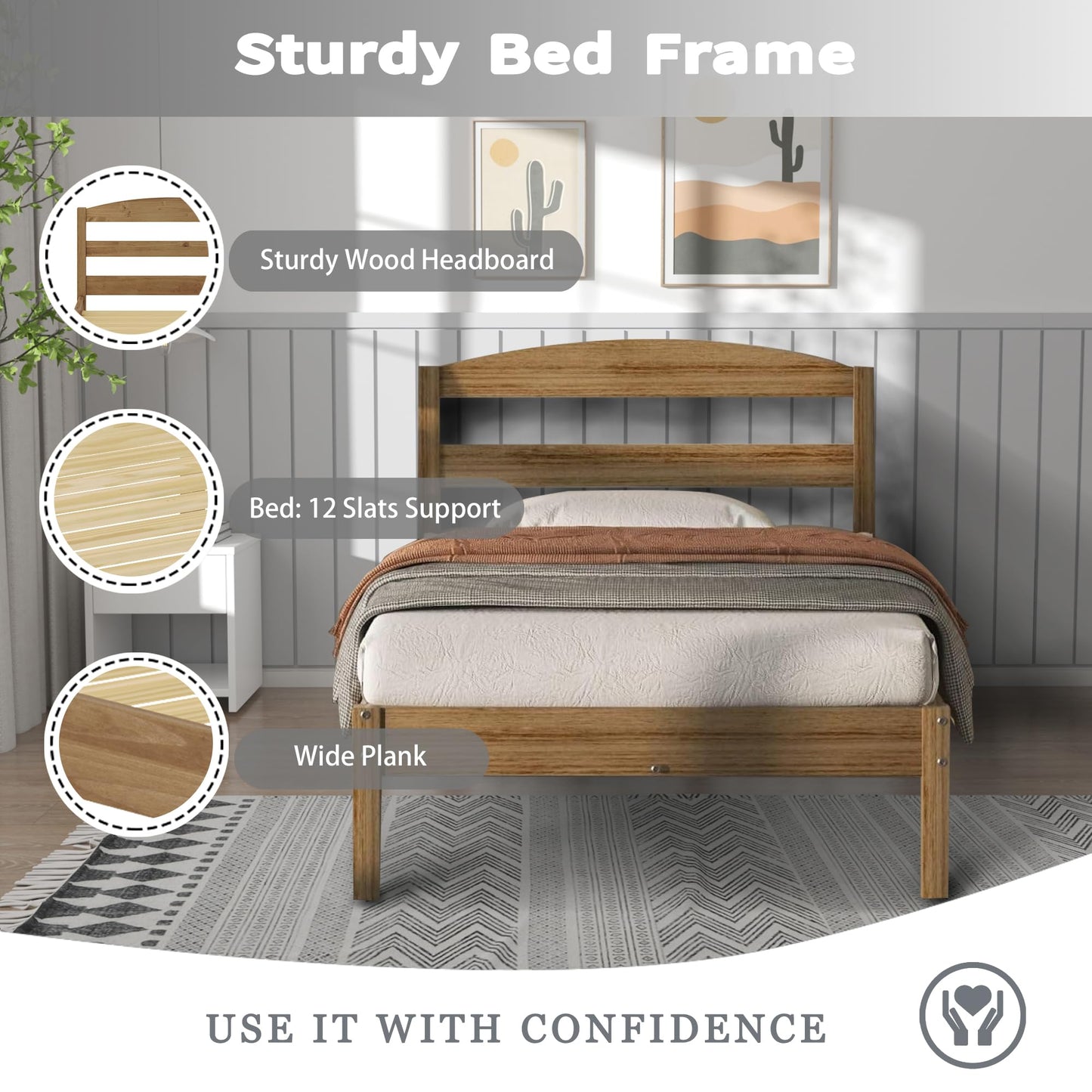 KYLE & KAY Twin Bed Frame with Wooden Headboard, Solid Pine Platform Bed with Wood Slat Support, Farmhouse Bed for Bedroom, Guest Room, No Box Spring Needed, Easy Assembly, Oak - WoodArtSupply