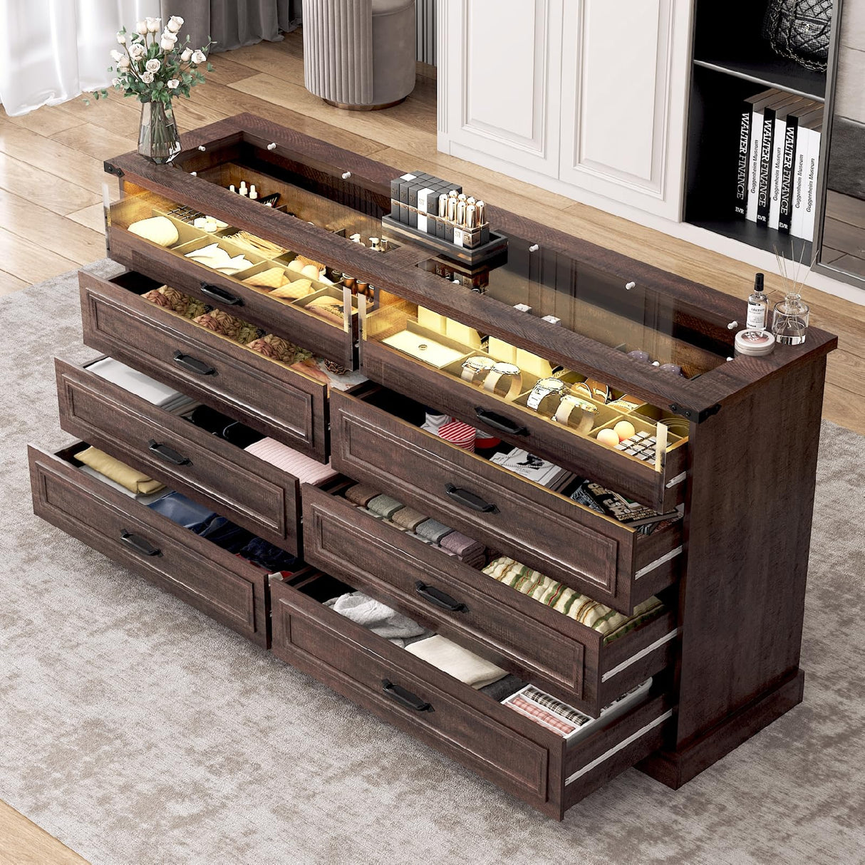 Hlivelood 63" Farmhouse 8 Drawer Dressers for Bedroom, Brown Wood Dresser w/Glass Top&Front Display Organizer, Bedroom Closet Island Chest of Drawers, for Living Room, Bedrooms, Hallway, Brown Hlivelood