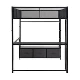 Polibi Full Size Metal Gaming Loft Bed with LED Lights/Desk/Open Wardrobe and 3 Linen Storage Drawers,Loft Bed Frame with Mesh Guardrail and Ladder,Black Polibi