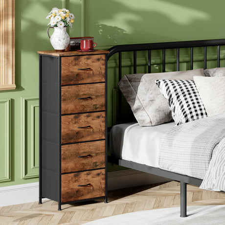 Somdot Tall Dresser for Bedroom with 5 Drawers, Storage Organizer Chest of Drawers with Removable Fabric Bins for Closet Bedside Living Room Laundry Entryway Hallway, Wood Grain Print Somdot