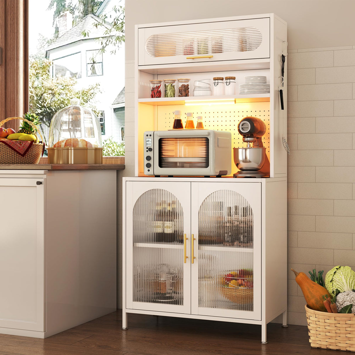 BECHEAO 66" Tall Kitchen Pantry Cabinet with LED Sensor Light, 5 Tier Metal Food Storage Cabinet with Adjustable Shelves, Hutch Cabinet Rack for Kitchen Living Dining Room, White BECHAEO