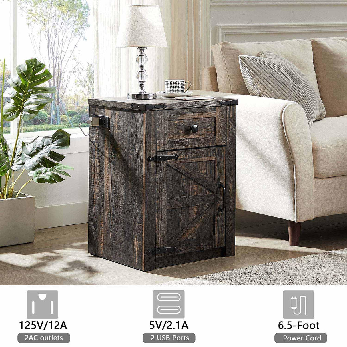SOOWERY Nightstands Set of 2, Nightstand with Charging Station, Farmhouse End Table with Barn Door and Drawer, Rustic Wood Sofa Side Table for Bedroom, Living Room, Dark Rustic Oak SOOWERY