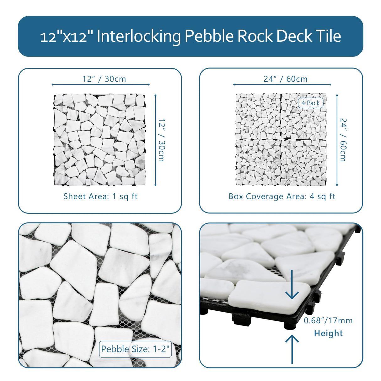 SUNWINGS 4PCS Natural Stone Interlocking Deck Tiles 12"x12" Pebble Waterproof Patio Deck, Outdoor Indoor Floor Decking Tiles for Porch Poolside Balcony Backyard, Carrara White sunwings