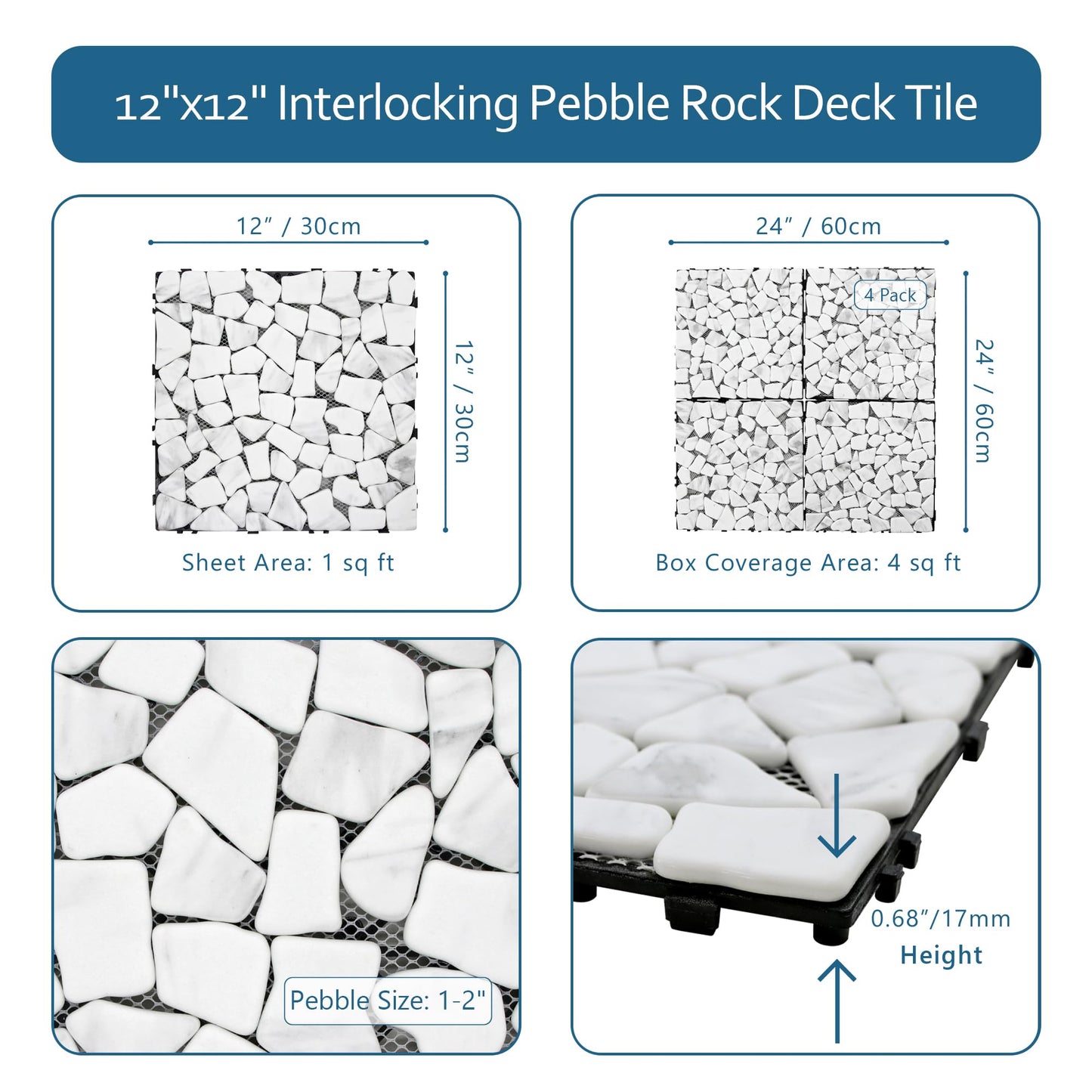 SUNWINGS 4PCS Natural Stone Interlocking Deck Tiles 12"x12" Pebble Waterproof Patio Deck, Outdoor Indoor Floor Decking Tiles for Porch Poolside Balcony Backyard, Carrara White