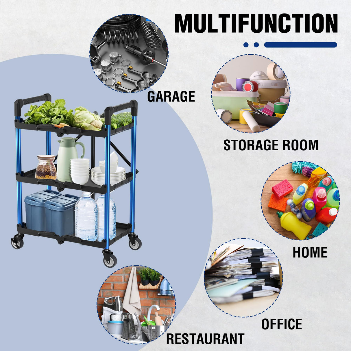 WORKPRO 3-Tier Collapsible Service Cart, 210 LBS Foldable Utility Service Cart with Wheels, Portable Tool Cart for Garage, Warehouse, Home, Restaurant, Office (No Assembly Required) WORKPRO