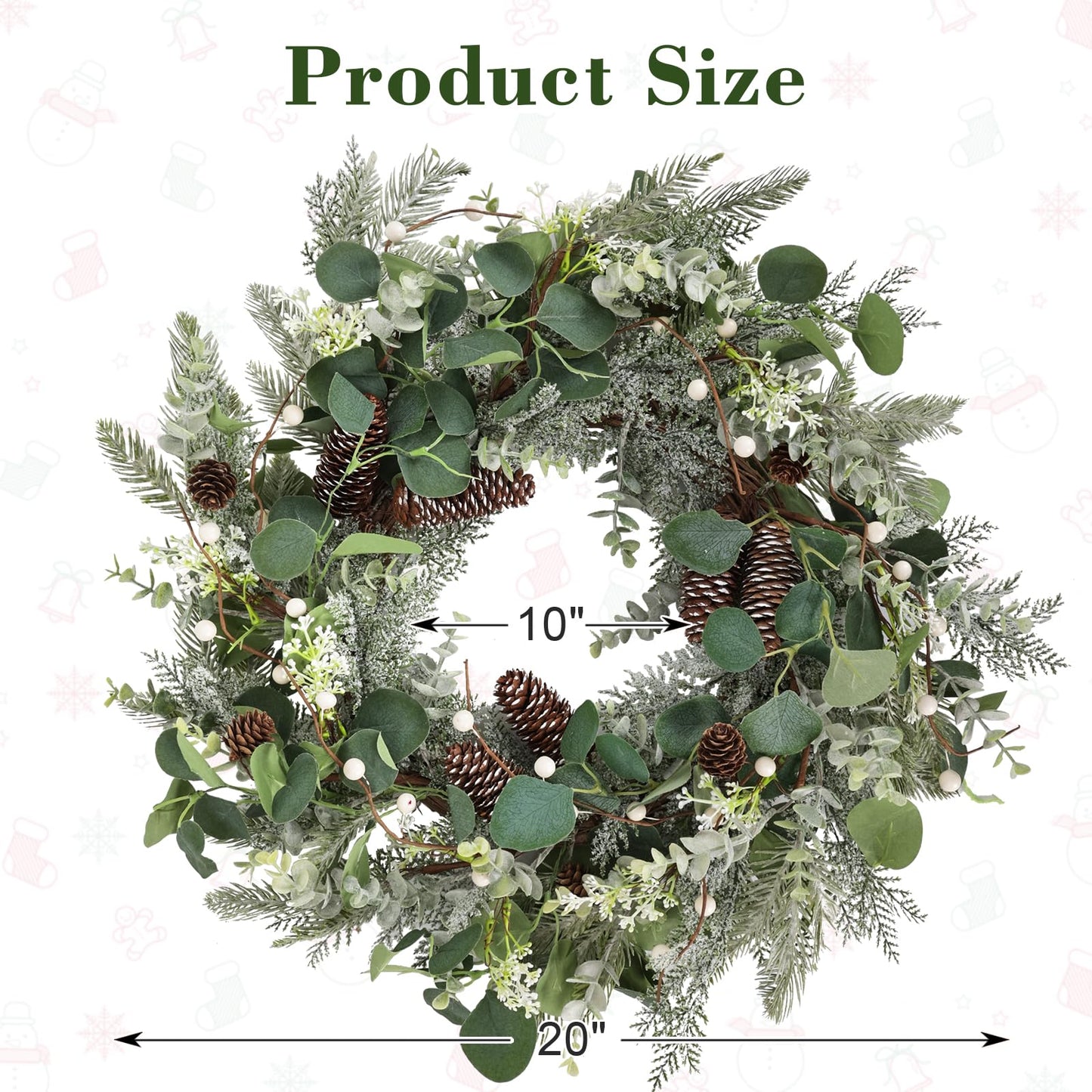 24" Christmas Wreath with Pine Cones White Berries, Winter Eucalyptus Artificial Faux Evergreen Wreath Greenery Decoration for Front Door Window Home Wall Farmhouse Holiday Outdoor Indoor Décor