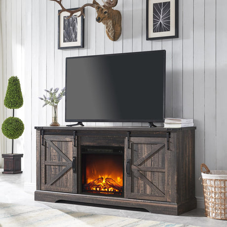 OKD Farmhouse Electric TV Stand for 65+ Inch TV, Rustic Entertainment Center with 18" Fireplace, Sliding Barn Door, Storage Shelves, Wood Media Console Cabinet for Living Room, Dark Rustic Oak OKD