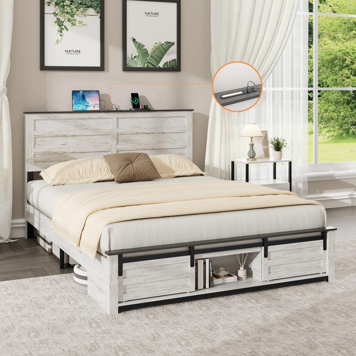 Wooden Full Size Bed Frame with Headboard – Boho White Rustic Farmhouse Storage Platform Bed with Charging Station & Sliding Barn Door Footboard, No Box Spring Needed, Noise-Free, Solid Wood Slats QNICE