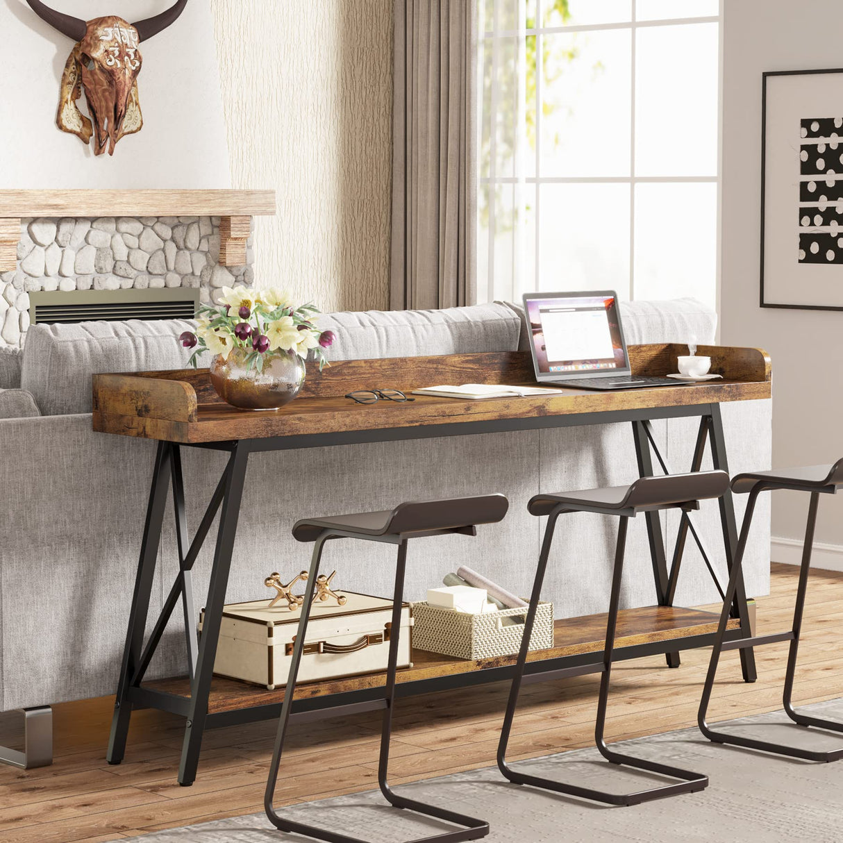 LITTLE TREE 70.9 Inch Retro Brown Console Table - Narrow Entryway & Behind Couch Accent Table LITTLE TREE