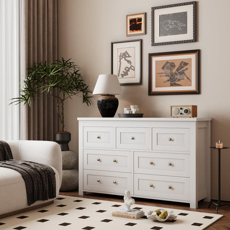 Dresser for Bedroom with 7 Drawers, Farmhouse Wood Chest of Drawers, Wide TV Stand Closet Storage Furniture with Metal Handle, Modern Clothes Organizer for Hallway, Living Room, Entryway, White Xixini