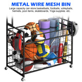 Luplom Sports Equipment Organizer Garage Ball Storage Rack for Sports Gear and Toys, Basketball Holder Stand with Basket and Hooks Rolling Ball Carts with Wheels for Indoor/Outdoor Use, Black Luplom