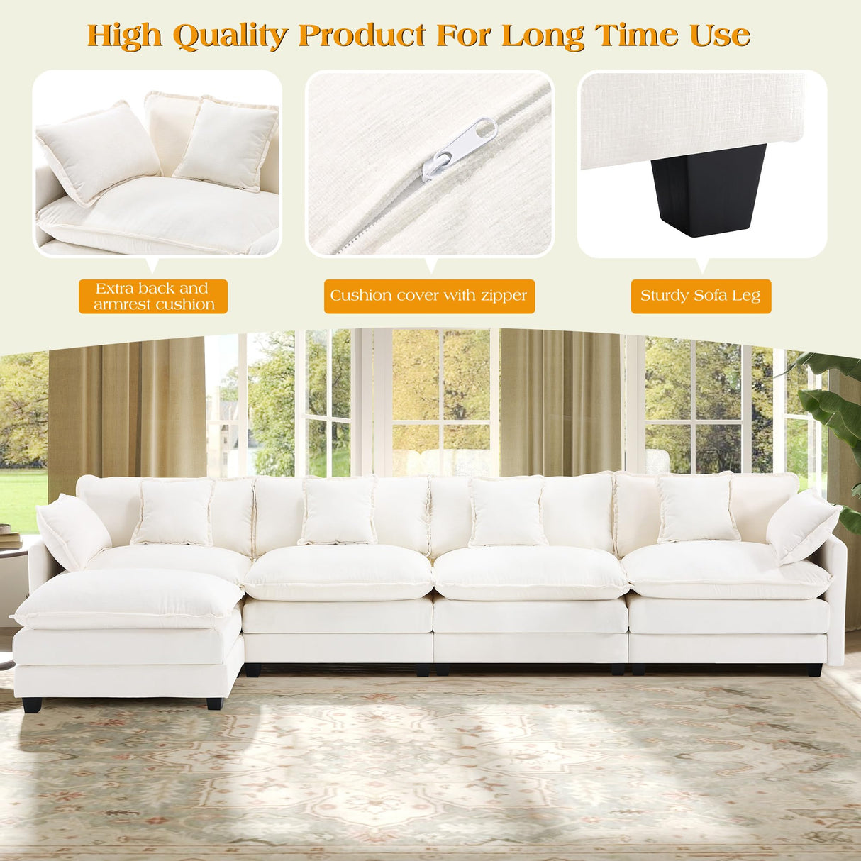 149.2" Modular Sectional Sofa,L Shaped Couch for Living Room,Modern Deep Seat Sofa 4 Seater Chenille Fabric Comfy Cloud Couches with Throw Pillows & Movable Ottoman Hanherry