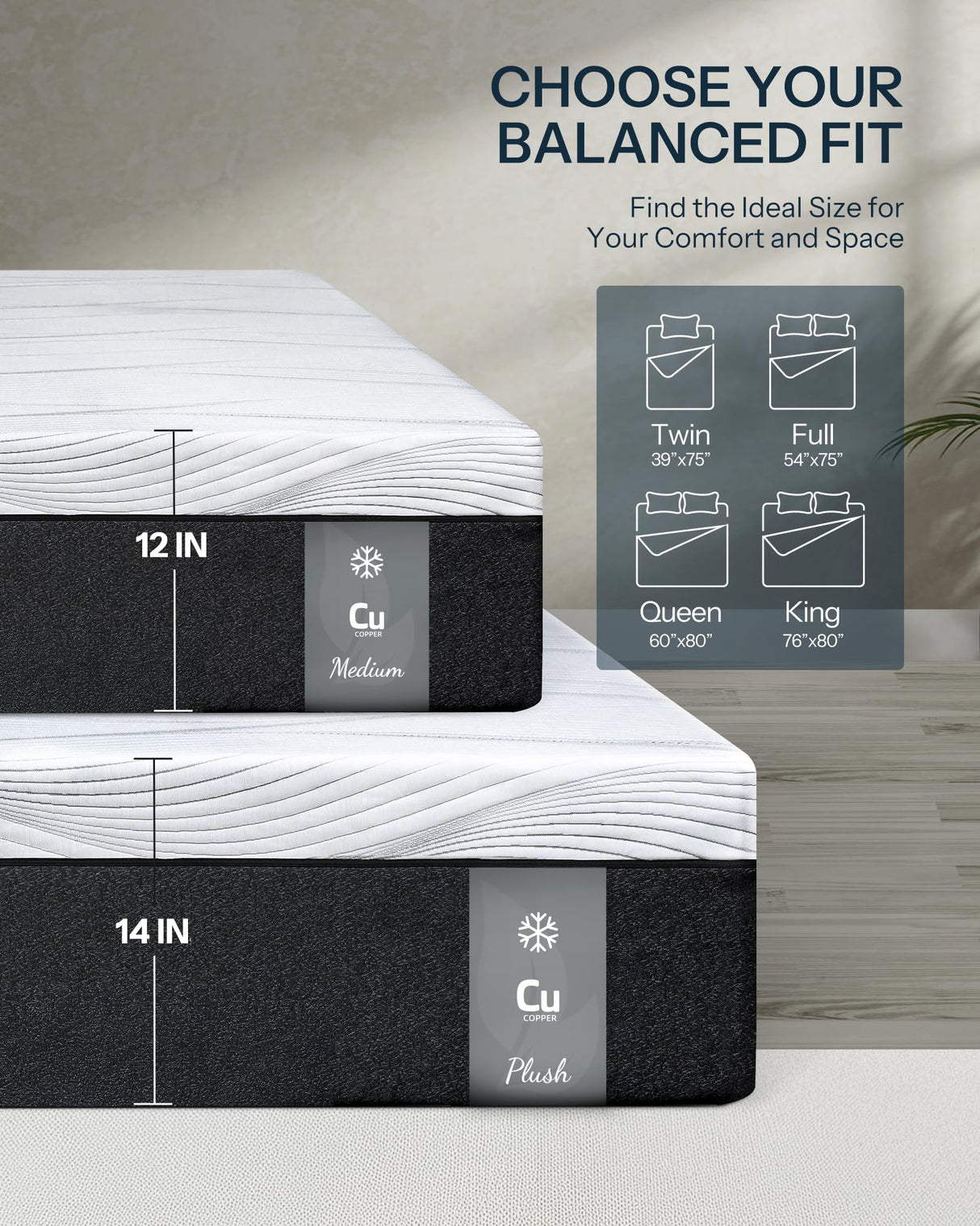 Life Balance Hybrid Twin Mattress 12 Inch, Made in USA, Medium, Individual Pocket Coils & Copper Gel Memory Foam， Hypoallergenic & Odorless, Motion Isolation & Pressure Relief, Mattress in a Box Life Balance