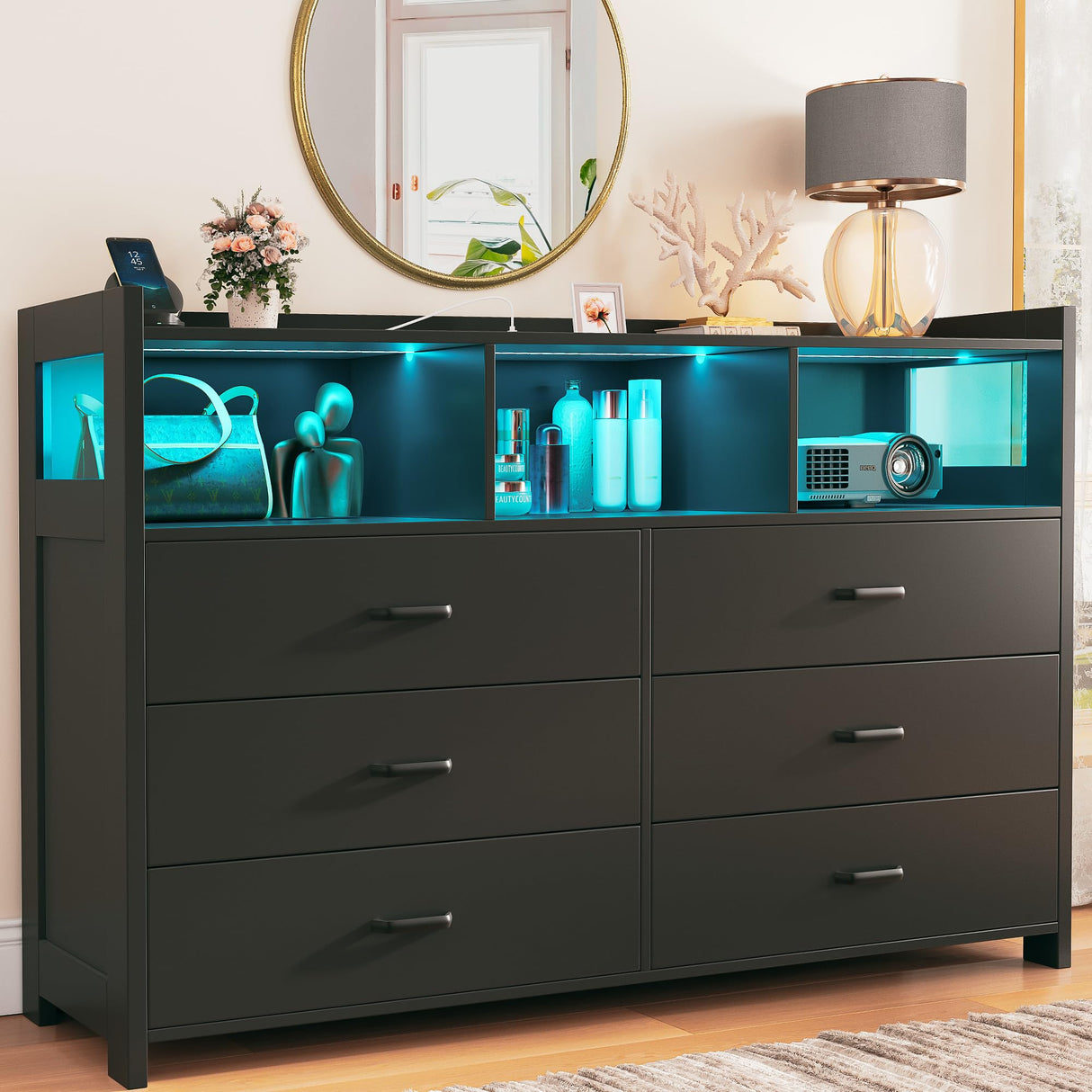 Alohappy Black Dressers for Bedroom, 6 Drawer Dressers with Lights, Wooden Dresser with Power Strip for Adults, Bedroom, Living Room, Entryway, Hallway Alohappy