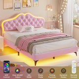 ADORNEVE Full Size Upholstered LED Bed Frame, Girls Bed with Adjustable Crystal Button Headboard, Velvet Princess Platform Bed for Girls, Solid Wooden Slats, Easy Assembly, Pink ADORNEVE