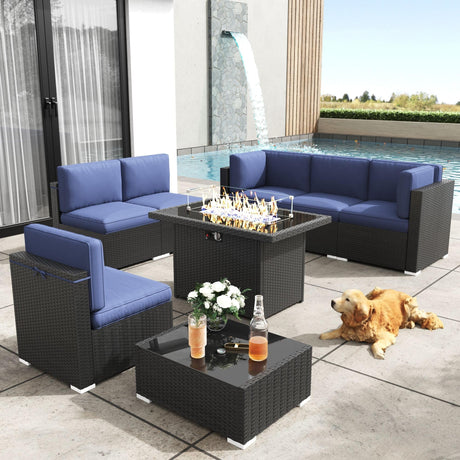 KHOLH Patio Furniture Set with Fire Pit Table, 8 Pieces Outdoor All-Weather Wicker Conversation Sectional Chair Sofa Set KHOLH