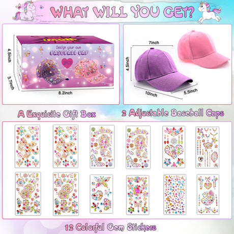 Christmas Gifts for Girls Decorate Your Own Baseball Cap with 12 Sheets Unicorn Gem Stickers, Fun Arts and Crafts Kit for Kids Age 4-12, 2PCS DIY Baseball Cap Birthday Gifts for Girls 4 5 6 7 8 9 10 Yoart