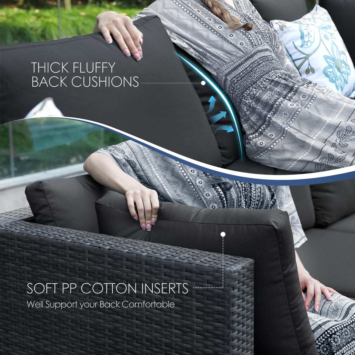 NICESOUL 10 Piece Contemporary Patio Furniture Set with Firepit Table Natural Gas/Propane, 29.3'' High Backrest Outdoor Sofa Conversations, 9 Seats Deep Wide Seating Wicker Sectionals, Dark Gray NICESOUL