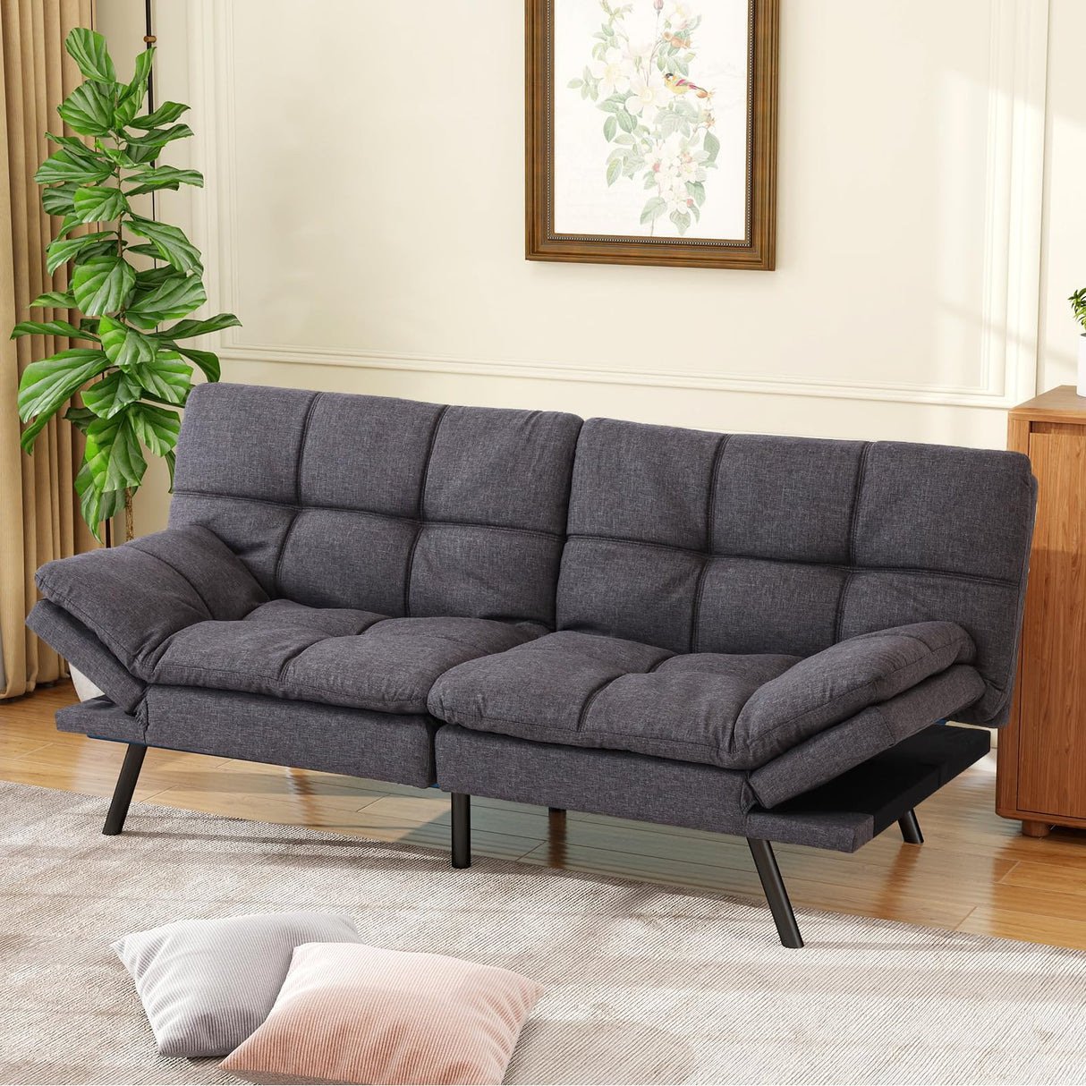 MUUEGM Futon Sofa Bed Memory Foam Small Loveseat Sleeper Sofa Dark Grey with Adjustable Backrest Removable Armrests for Small Space Office Couch,Living Room,Apartment MUUEGM
