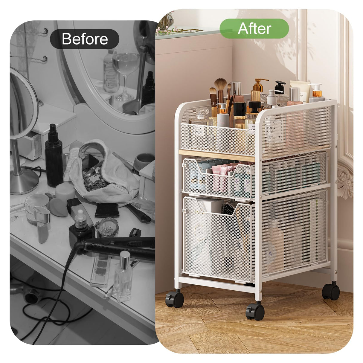 Hongtamoya Rolling Makeup Cart Organizer with 2 Drawers, Narrow Floor Skincare Organizers, Vanity Organizer Cosmetics Display Cases Holder for Skin Care Nail Polish Perfume Makeup Brush, White Hongtamoya