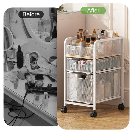 Hongtamoya Rolling Makeup Cart Organizer with 2 Drawers, Narrow Floor Skincare Organizers, Vanity Organizer Cosmetics Display Cases Holder for Skin Care Nail Polish Perfume Makeup Brush, White Hongtamoya