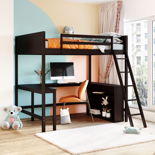 Espresso Wooden Full Size Loft Bed with Integrated Desk and Storage by Harper & Bright Designs - WoodArtSupply