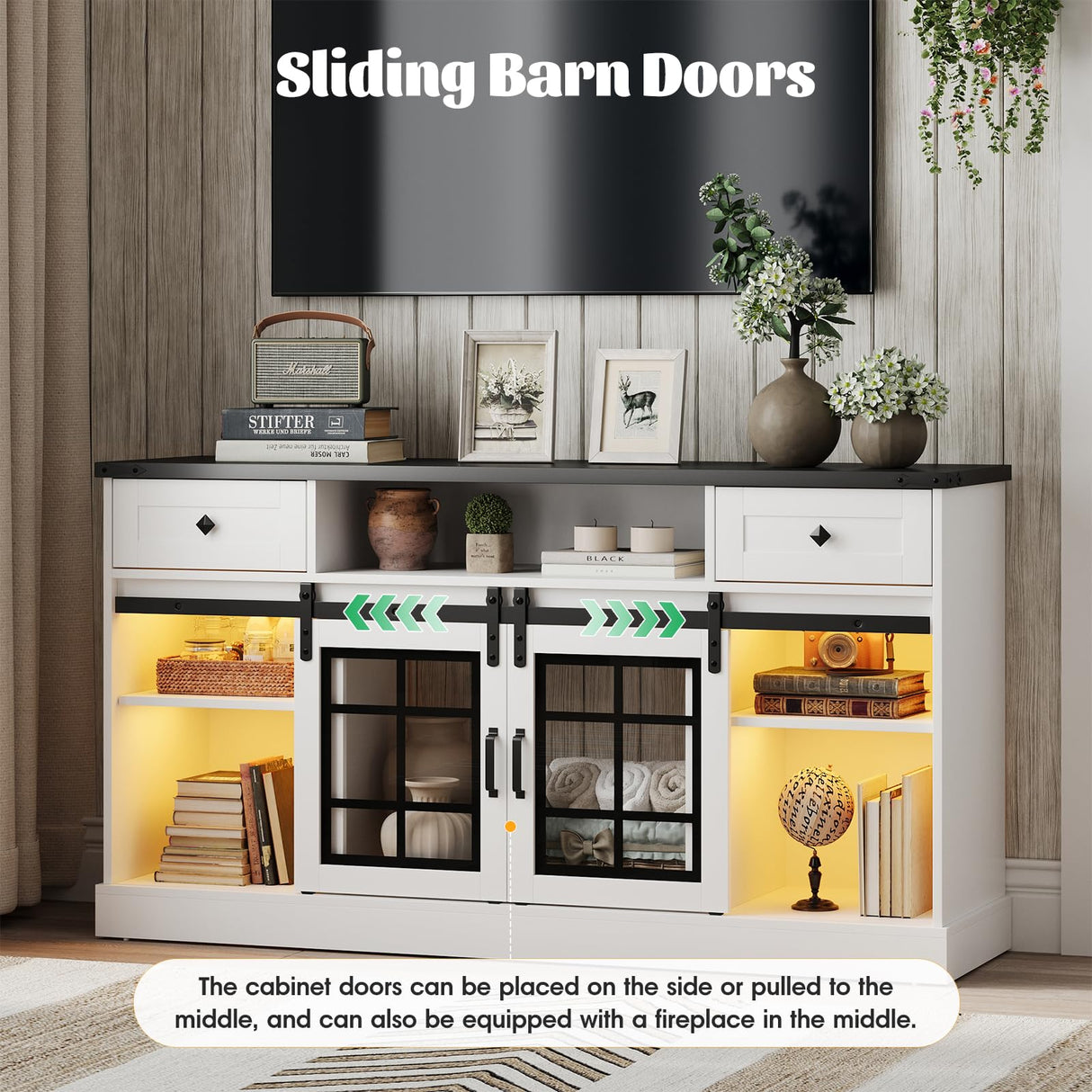 Maupvit TV Stand for Televisions 65 Inch with Sliding Barn Doors, Media Entertainment Center Storage Cabinet, Adjustable Led Light Modern Table, White Maupvit