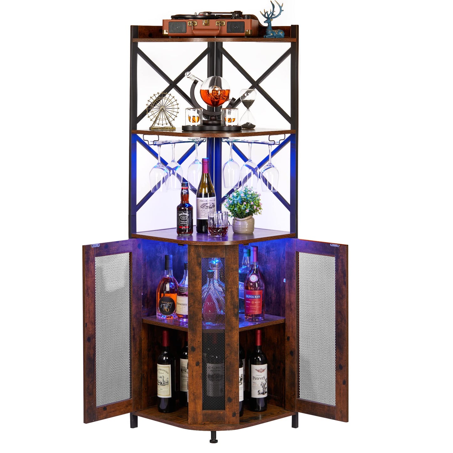 JKsmart Corner Bar Cabinet with LED Lights, 5-Tier Industrial Wine Bar Cabinet with Glass Holder, Farmhouse Liquor Cabinet with Adjustable Shelf, Home Bar for Coffee Bar Cabinet, Rustic Brown - WoodArtSupply