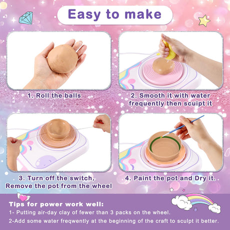 Pottery Wheel for Kids，Art Supplies Arts & Crafts Kit, Crafts Toys for Girls 8-12, Pottery Studio Craft Kit with 4 Pack Air-Dry Clay,Girls Toys Birthday Christmas Gift for Kids Ages 6 7 8 9 10 11 12+ weirtoya