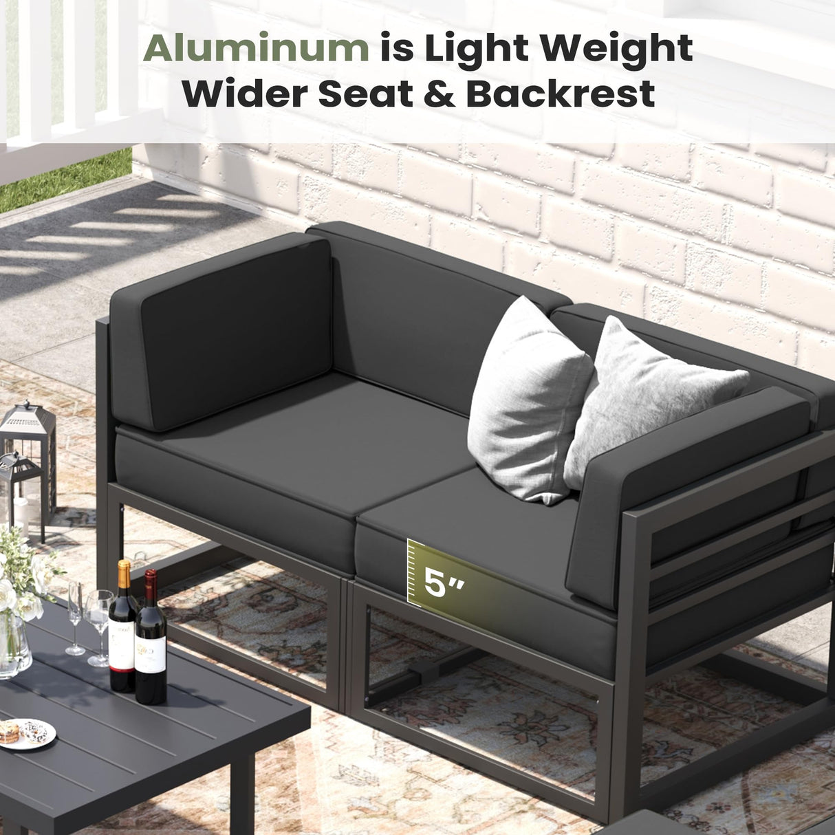 VONZOY 11 Piece Aluminum Patio Furniture Set with Waterproof Cover & 5" Thick Cushions, Aluminum Outdoor Sectional Conversation Set with Coffee Table Ottoman for Porch, Backyard(Grey/Grey) VONZOY