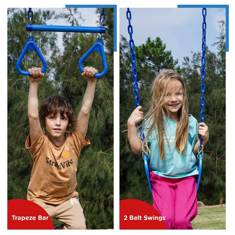 Dolphin Playground Wood Swing Sets for Backyard with Monkey Bar, Kids Outdoor Play Equipment, Outdoor Playset for Kids with Trapeze Swing Bar and 2 Belt Swings, Heavy Duty Playground Accessories DOLPHIN PLAYGROUND T