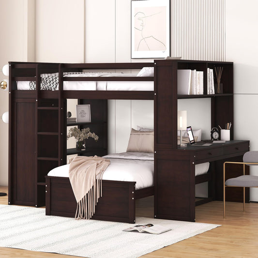 Harper & Bright Designs Espresso Full Over Twin Bunk Bed with Storage, Desk, and Wardrobe - WoodArtSupply