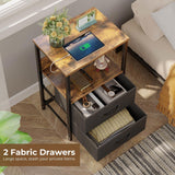 Seventable Nightstand Set of 2 with Charging Station, Bedside Table with LED Lights, Night Stand with 2 Fabric Drawers, 3-Tier Storage End Table for Bedroom, Rustic Brown Seventable