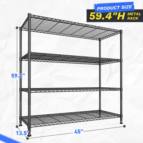 45 "W Metal Shelving Unit 4 Tier Storage Shelves Adjustable Wire Shelving Metal Shelf Pantry Shelves Wire Rack Commercial Shelving for Kitchen Pantry Utility Room Garage 45 "W x 59.4 "Hx 13.5" D Black DurayLoly