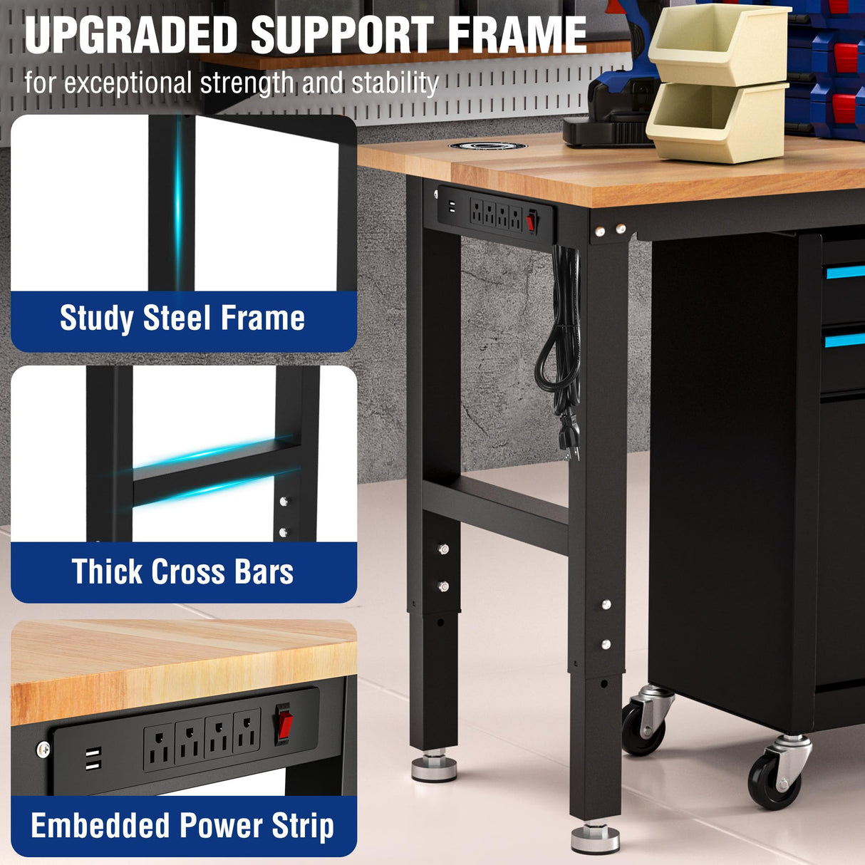 WORKPRO Adjustable Garage Workbench, 60x24 Rubber Wood Top Heavy-Duty Work Desk with Power Outlets, Leveling Foot, 5 Heights, 1500 LBS Load Capacity Work Benches for Garage, Workshop, Office, Home WORKPRO