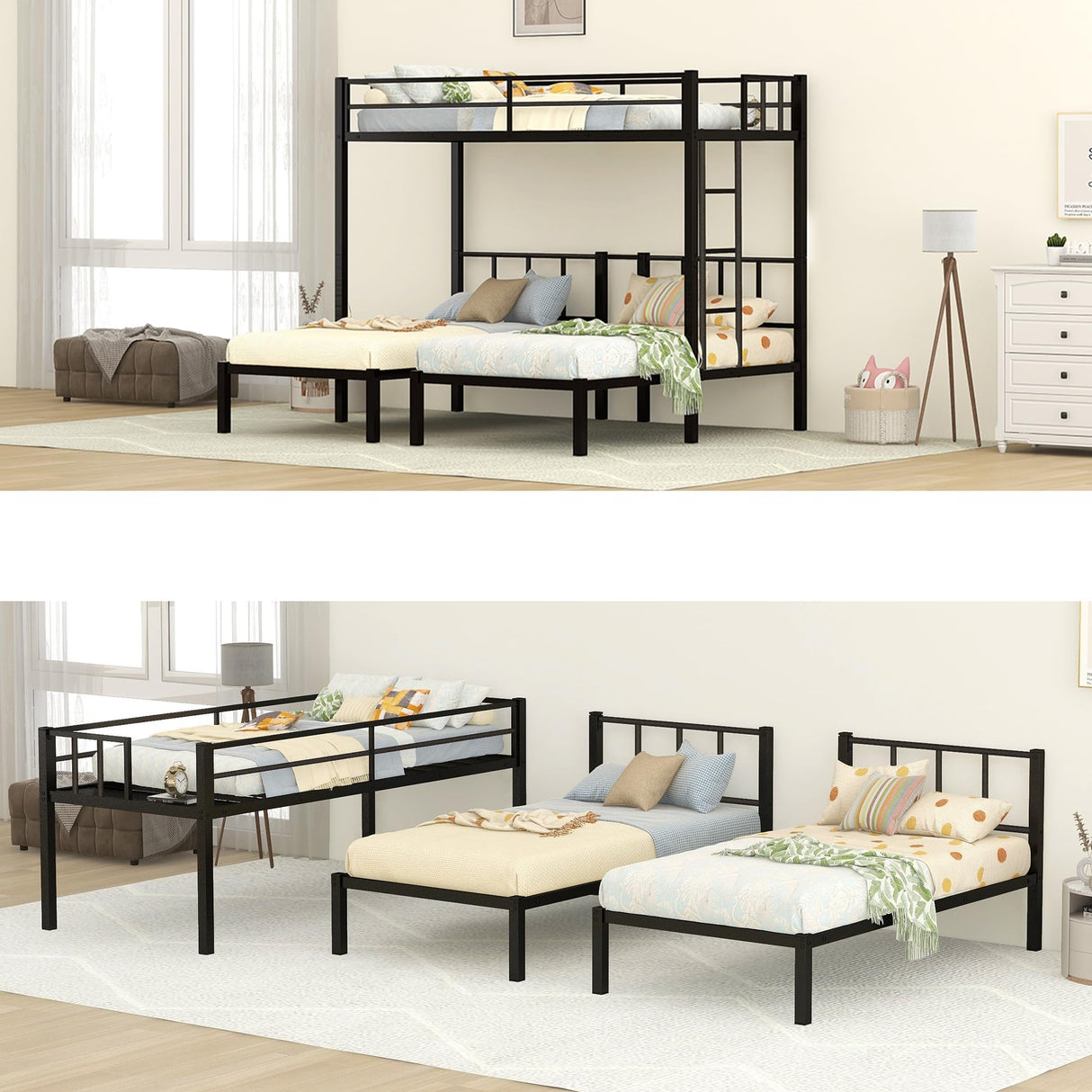 Metal Triple Bunk Bed, Detachable Triple Bunkbed for 3 with Guardrails & Ladder, Twin Over Twin & Twin Bunk Bed Can Be Separated into 3 Twin Beds for Teens, Adults, No Box Spring Needed, Easy Assembly LLS