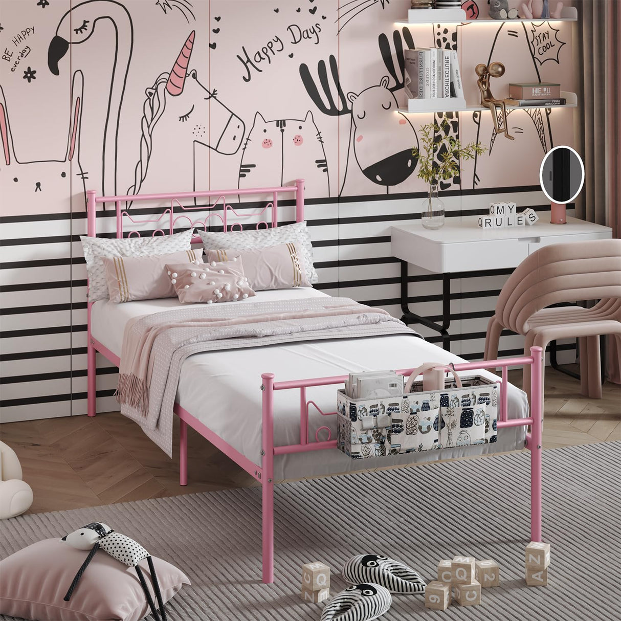 Newest Kitty Design Twin Bed Frames with Bedside Storage Caddy for Girls Metal Platform Twin Size Mattress Foundation Single Beds with Headboard Pink SENLOO