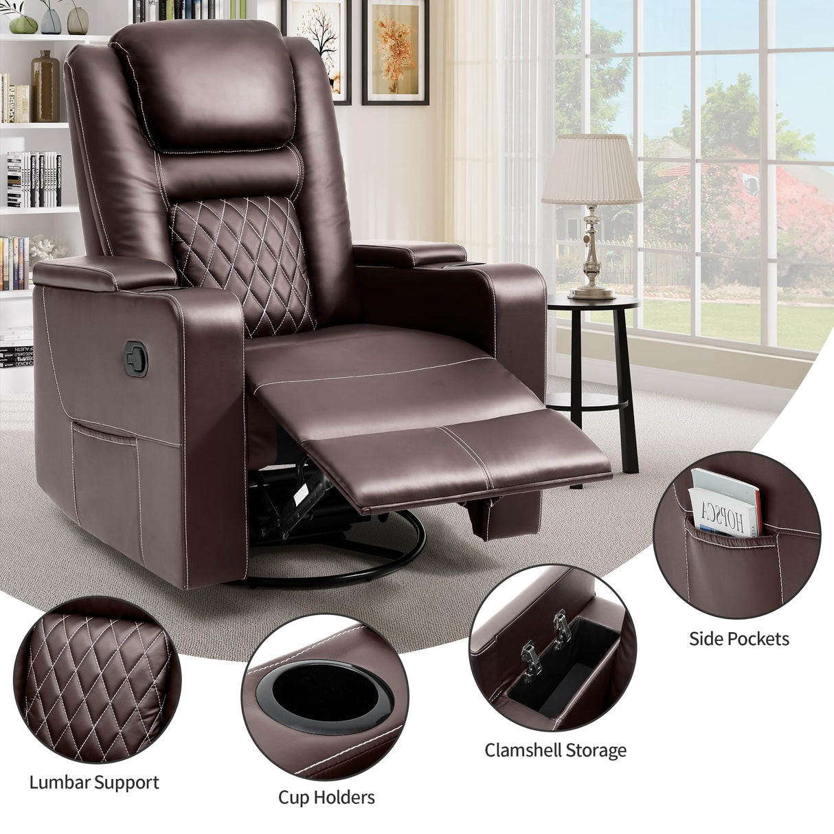 YITAHOME Swivel Rocking Recliner with Massage and Heat, Hidden Arm Storage, Faux Leather Rocker Recliner Chairs with Cup Holders, Comfy Home Theater Seating, Manual Recliner for Living Room, Brown2 YITAHOME