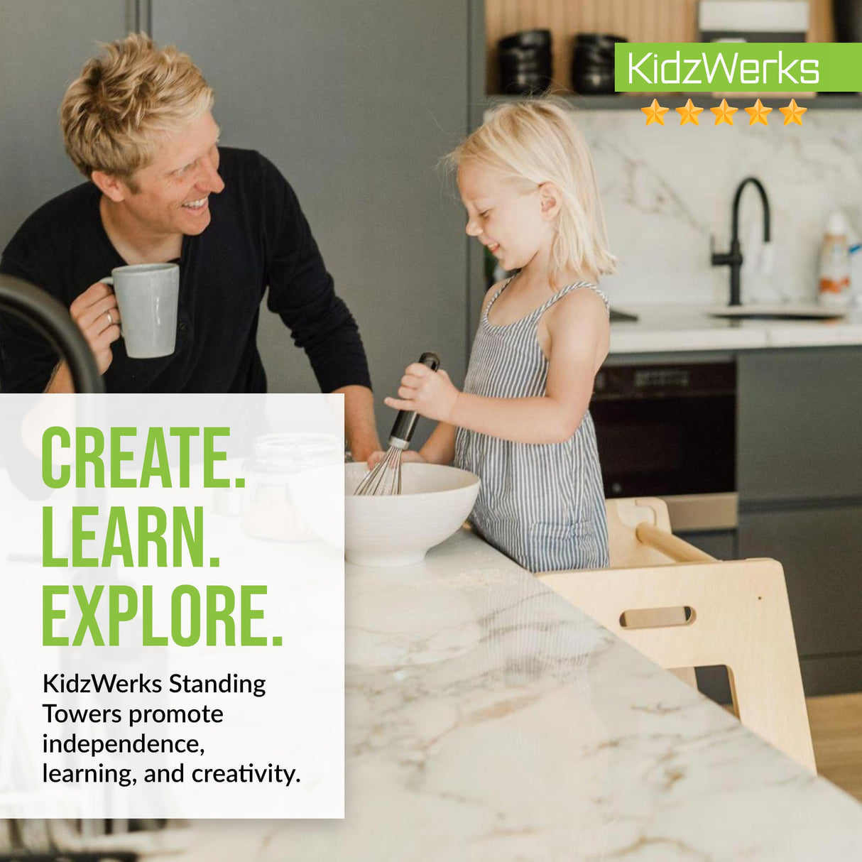 KidzWerks Child Standing Tower Kids Kitchen Step Stool Toddler Wood Stepping Stool - Children's Montessori Stool - Adjustable Platform, Natural Wood KidzWerks