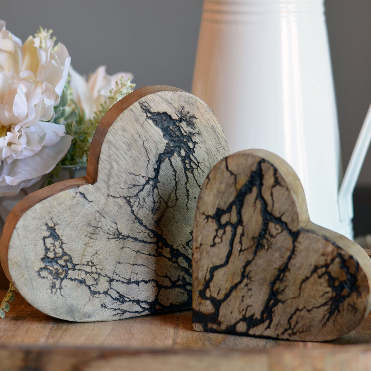 WHW Whole House Worlds Tree of Life Embellished Hearts, Set 2,Carved Mango Wood, Rustic Incised Branch Pattern, 6.25 and 4.75 Inches WHW Whole House Worlds