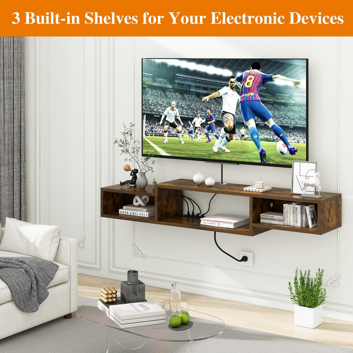 IBUYKE 59" Floating TV Stand Wall Mounted with Power Outlet,Wood Wall Mounted Media Console Shelf,Floating Entertainment Center for Under TV Storage for Living Room Bedroom Office,Rustic Brown WST007H IBUYKE