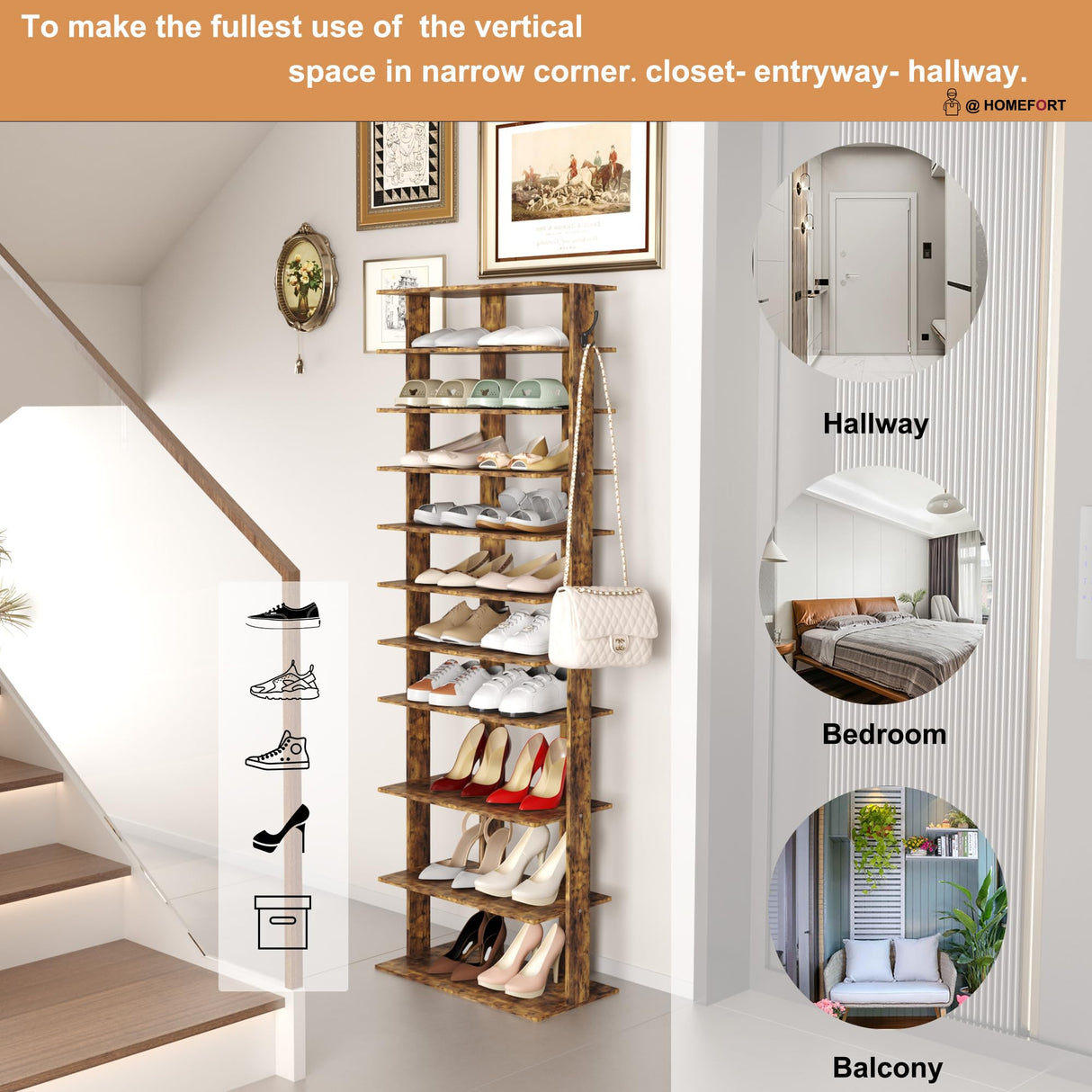 HOMEFORT 10-Tier Vertical Shoe Rack, Corner Shoe Tower, Double Rows 10 Tiers Shoe Shelf, Slim Shoe Storage Unit for 20 Pairs of Shoes, Shoe Stand for Entryway, Hallway, Closet (Rustic Brown) HOMEFORT