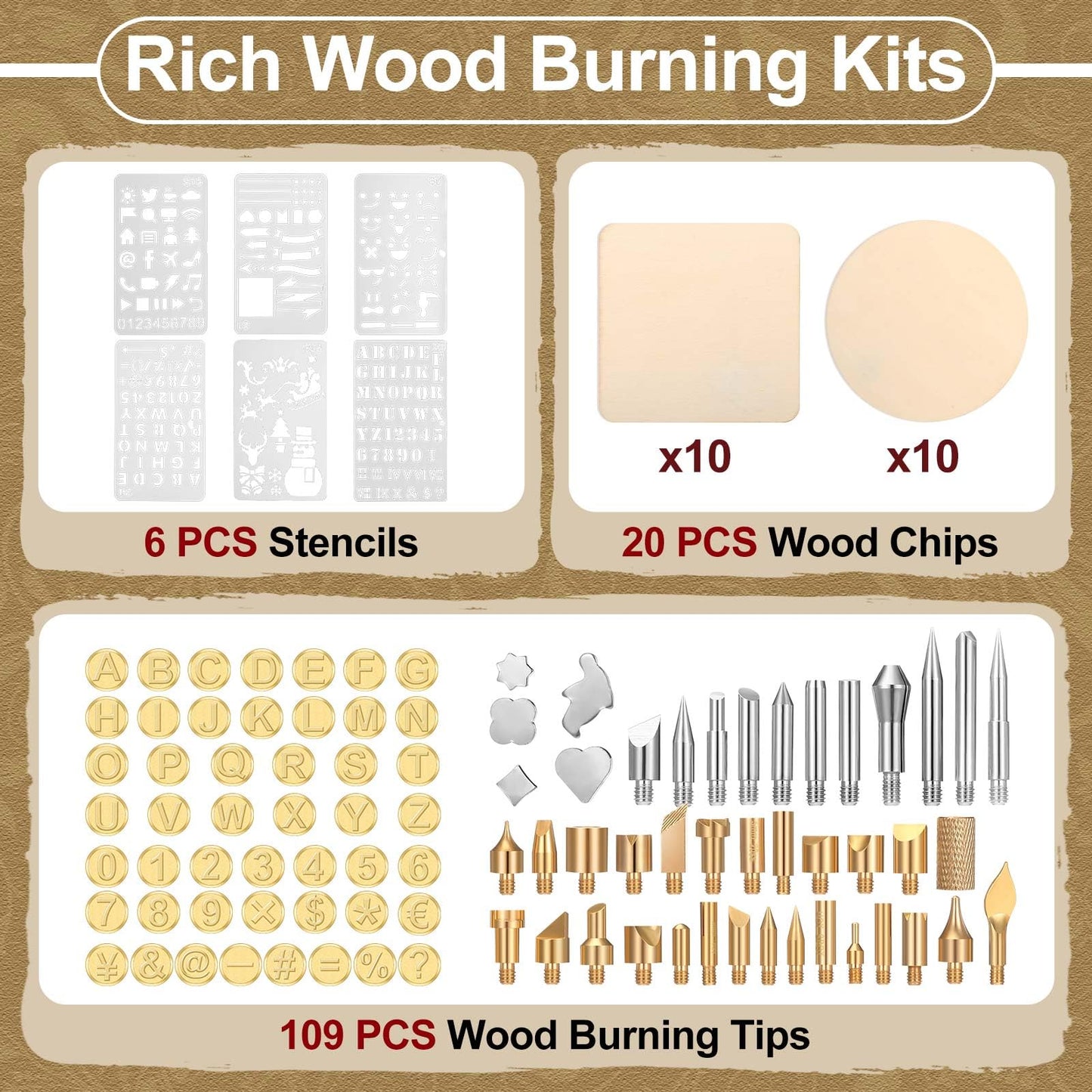 Lothee 136 Pieces Wood Burning Kit Wood Burning Tools Set Wood Burner Tips Adjustable Temperature Pen Stencils with Wood Chips for Wood Burner DIY Embossing Carving Crafts - WoodArtSupply