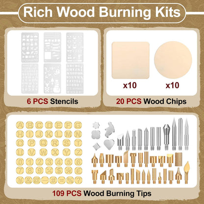 Lothee 136 Pieces Wood Burning Kit Wood Burning Tools Set Wood Burner Tips Adjustable Temperature Pen Stencils with Wood Chips for Wood Burner DIY Embossing Carving Crafts - WoodArtSupply