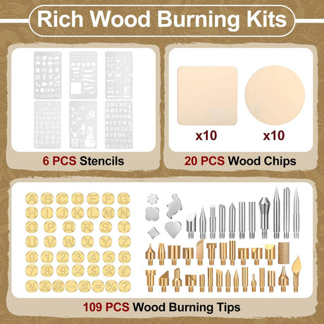 Lothee 136 Pieces Wood Burning Kit Wood Burning Tools Set Wood Burner Tips Adjustable Temperature Pen Stencils with Wood Chips for Wood Burner DIY Embossing Carving Crafts Lothee