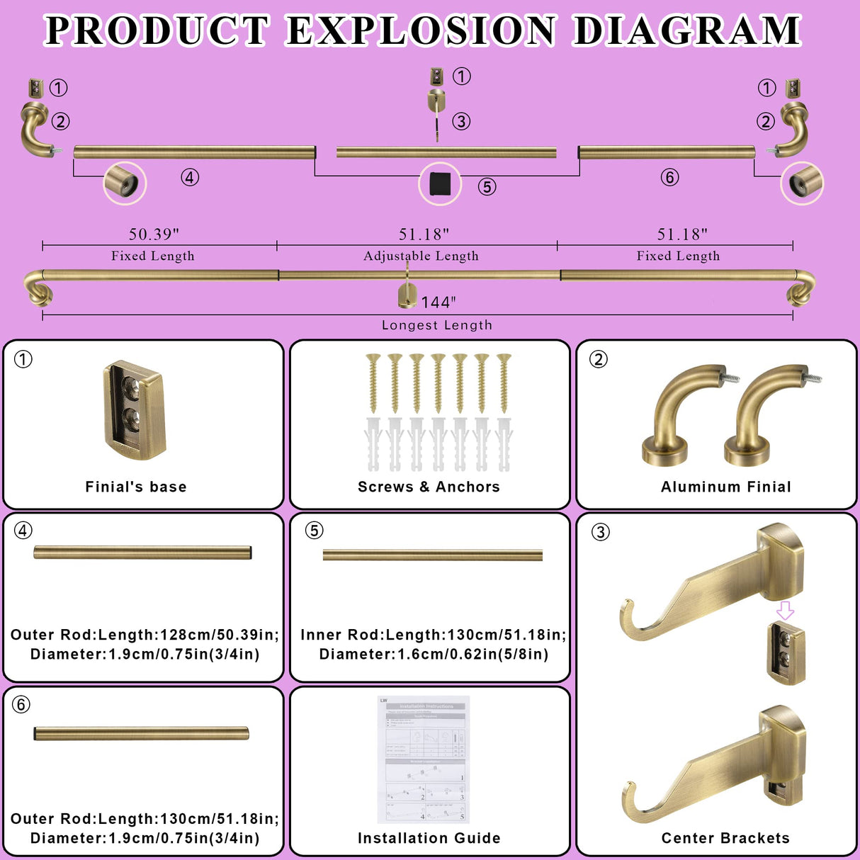 Antique Bronze Disc Curtain Rods, 84-144 Inches Window Curtain Rod,Adjustable Room Darkening Curtain Rod with Aluminum Finials and Brackets,Wrap Around Design Lwiiom