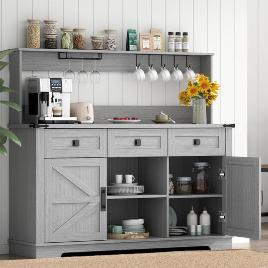 Gyfimoie Farmhouse Bar Cabinet with Hutch, Kitchen Buffet Cabinet with Storage Cabinet & 3 Sliding Drawers, Adjustable Shelf, Goblet Holder, Cup Hooks for Living Room, Dining Room Use (Grey)