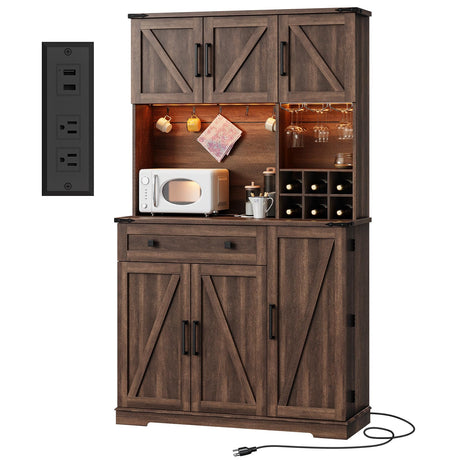 Dripex 71" Pantry Cabinet with Charging Station, Farmhouse Kitchen Pantry Storage Cabinet with Outlet & LED Light, Microwave Stand, Tall Kitchen Hutch with Storage for Living Room, Dining Room, Brown Dripex