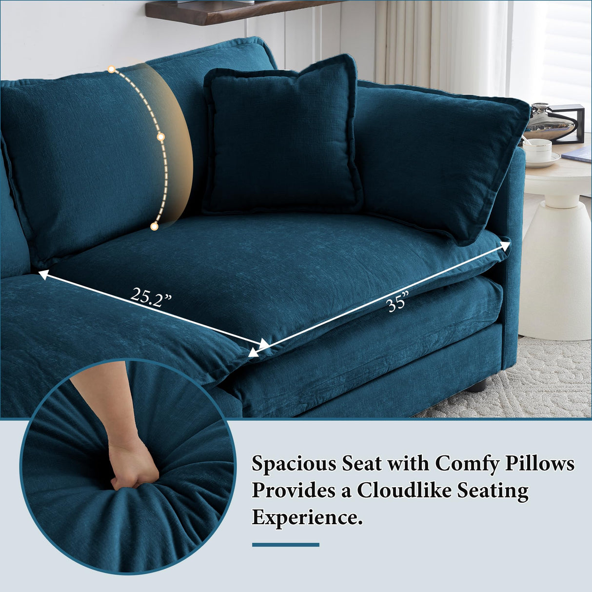 111.42" Deep Seat Sectional Cloud Sofa Sleeper with 3 Ottomans & Soft Pillows, 6 Seat Modular Couch Bed for Living Room, Apartment, Dark Blue Chenille Tmsan