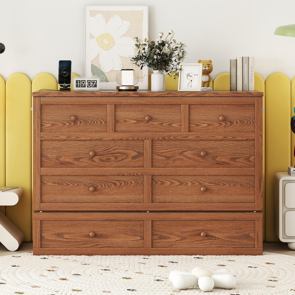 KEIKI Full Murphy Bed Cabinet with Storage Drawer and Charging Station, USB Port, Solid Pine Murphy Bedframe for Home Office, Studio or Guest Room,Walnut KEIKI